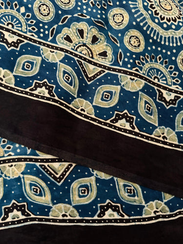 Ajrakh hand block printed modal silk saree | Blue & Green | Ships from California